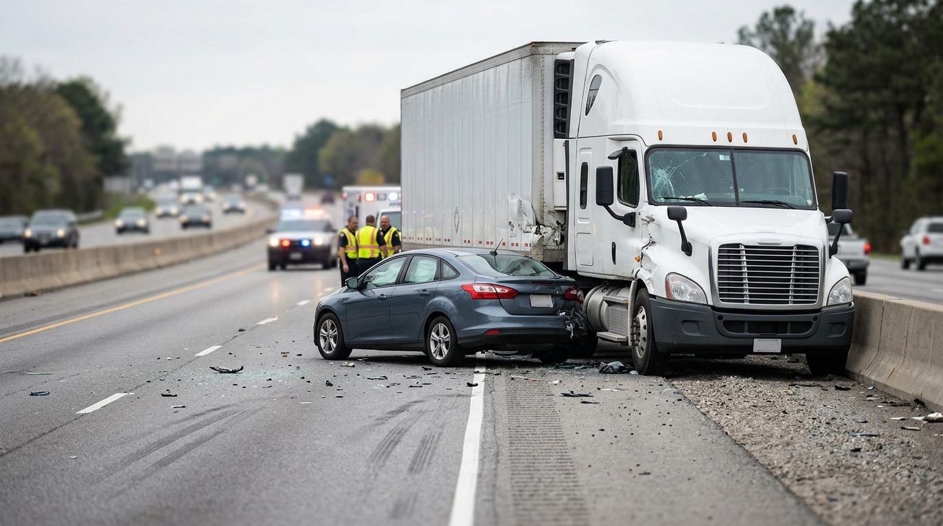 Damaged semi truck and passenger vehicle after a serious collision.