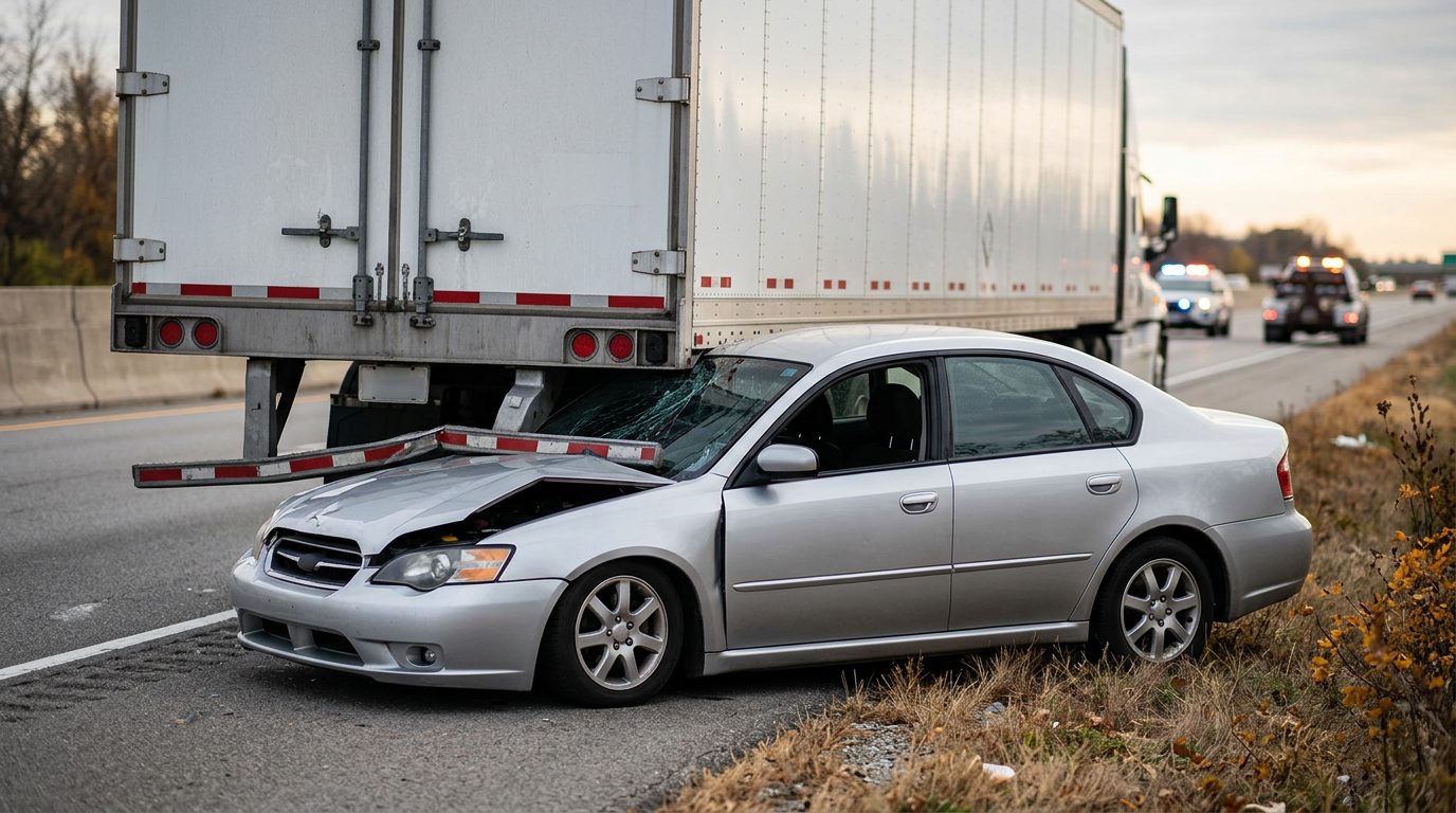 Damaged semi truck and passenger vehicle after a serious collision.