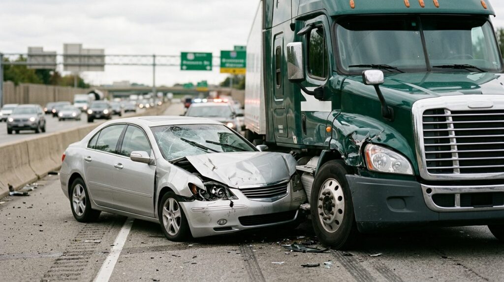 Damaged semi truck and passenger vehicle after a serious collision.