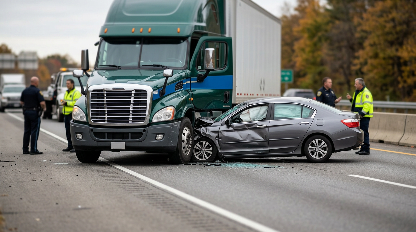 Damaged semi truck and passenger vehicle after a serious collision on the road.