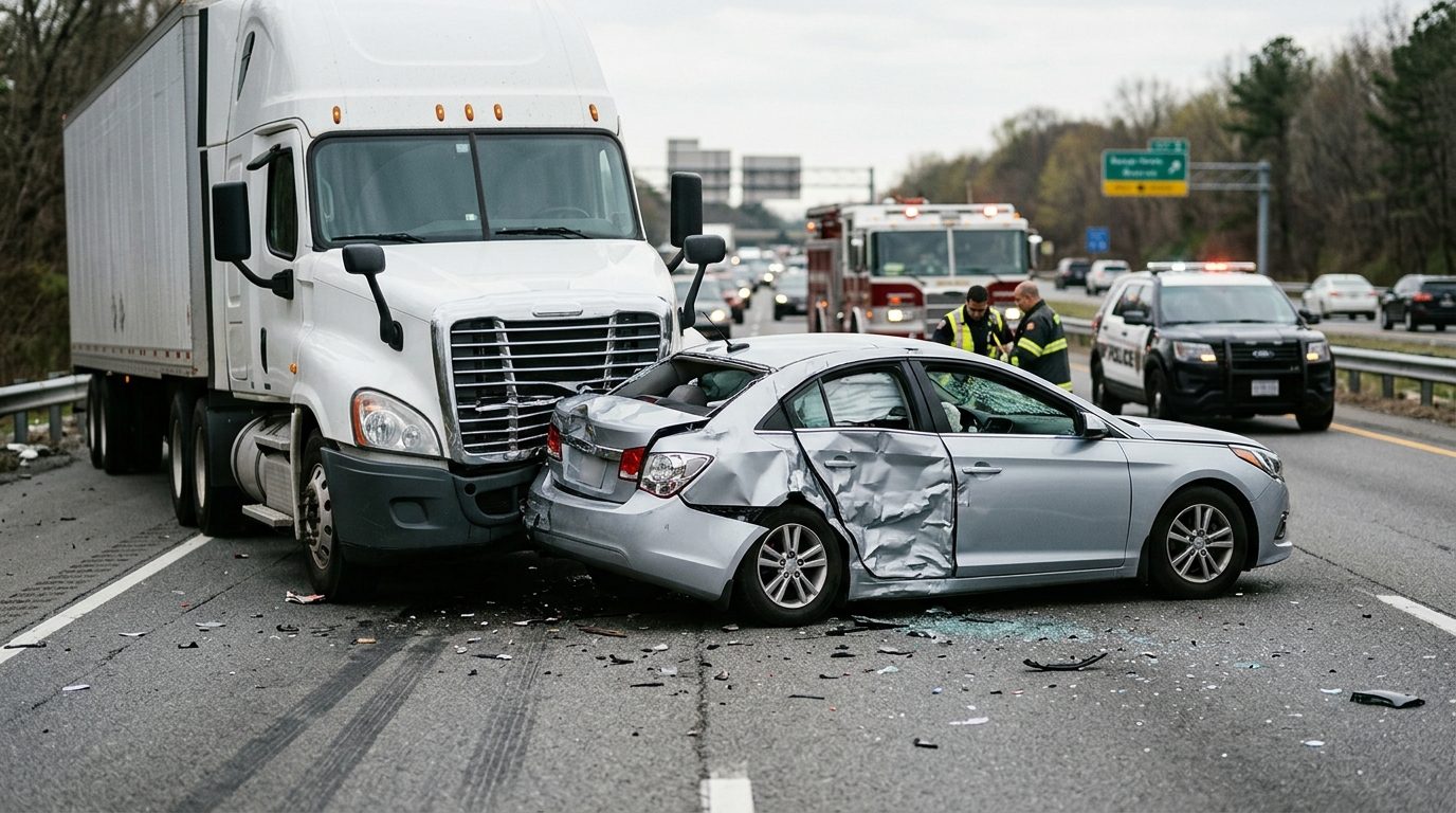 Damaged semi truck and passenger vehicle after a serious collision.