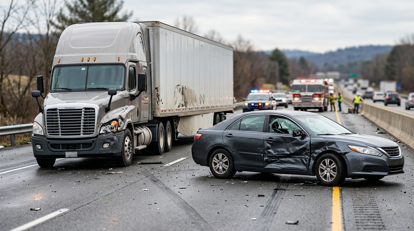 Damaged semi truck and passenger vehicle after a serious collision on a road.