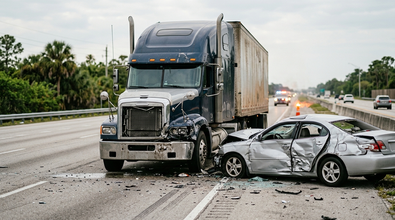 Damaged semi truck and passenger vehicle after a serious highway collision.