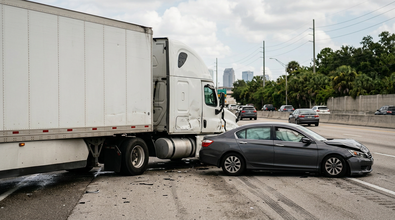 Damaged semi truck and passenger vehicle after a serious highway collision.