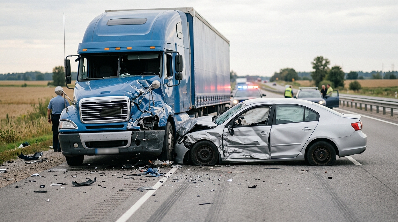 Damaged semi truck and passenger vehicle after a serious highway collision.