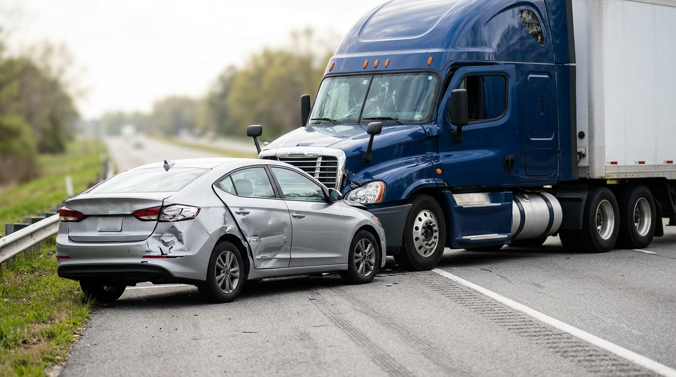 Damaged semi truck and passenger vehicle after a serious highway collision.