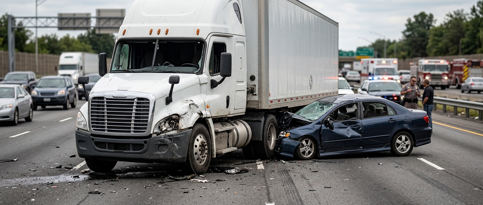 Damaged semi truck and passenger vehicle after a serious highway collision.