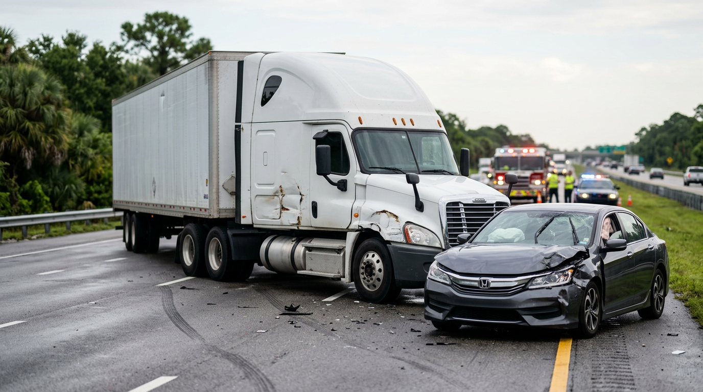 Damaged semi truck and passenger vehicle after a serious highway collision.