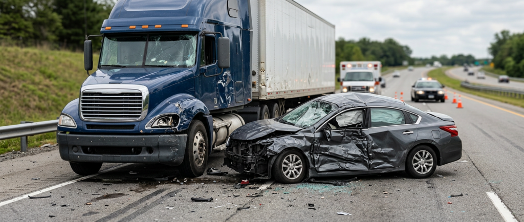 Damaged semi truck and passenger vehicle after a serious highway collision.