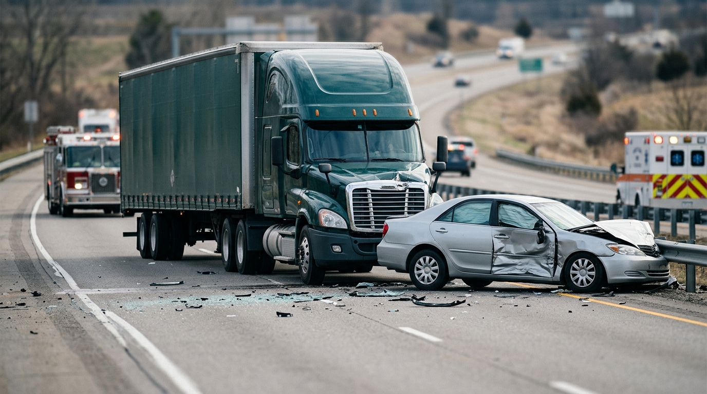 Damaged semi truck and passenger vehicle after a serious highway collision.