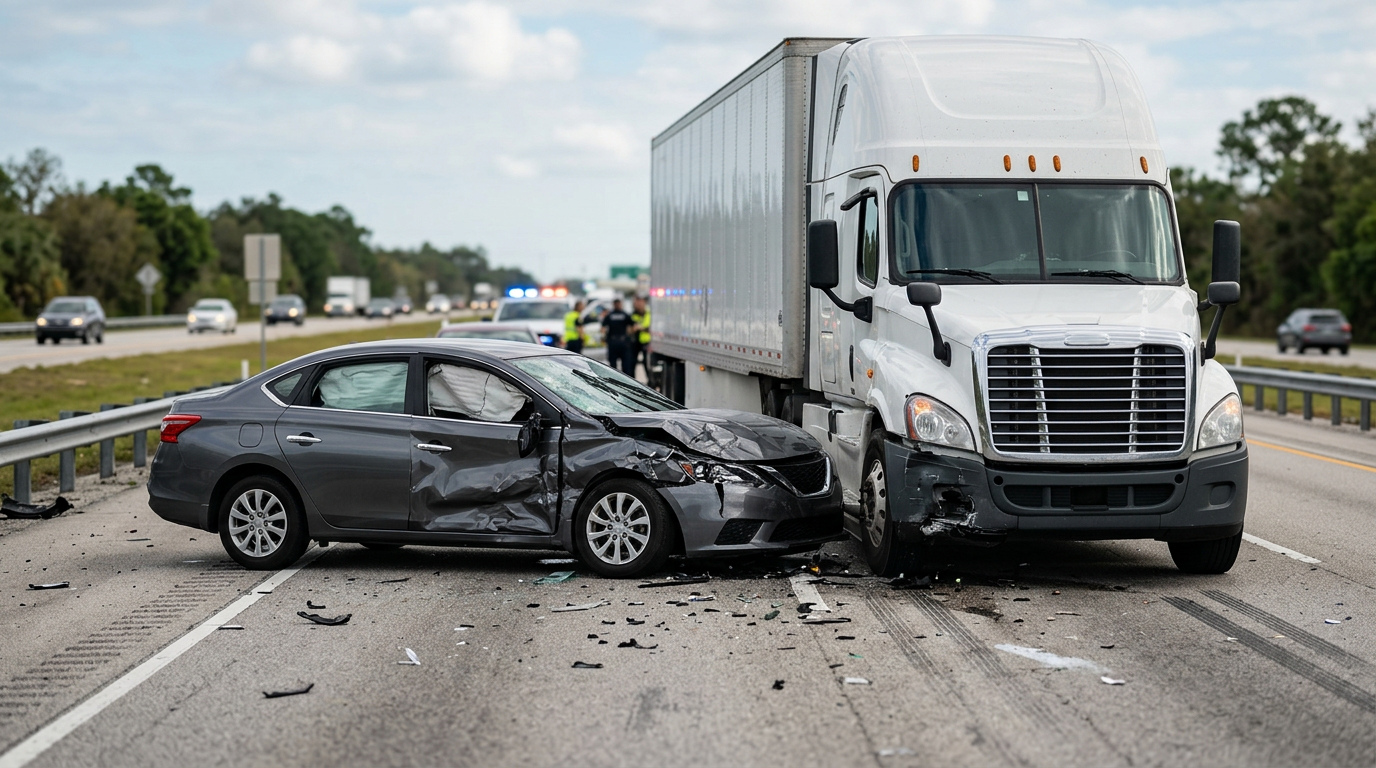 Damaged semi truck and passenger vehicle after a serious highway collision.