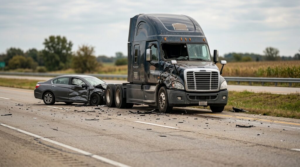 Damaged semi truck and passenger vehicle after a serious highway collision.