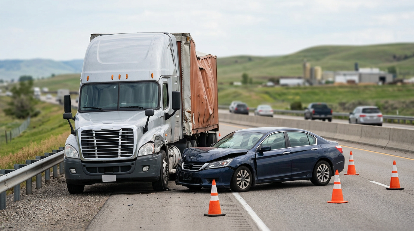 Damaged semi truck and passenger vehicle after a serious highway collision.