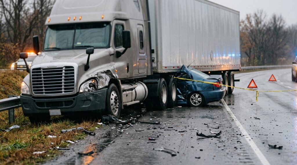 Damaged semi truck and passenger vehicle after a serious highway collision.