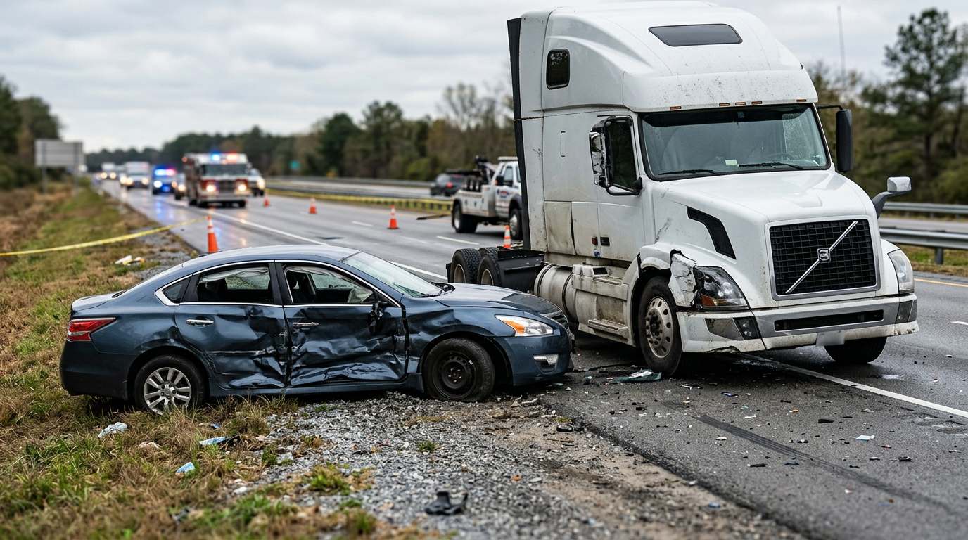 Damaged semi truck and passenger vehicle after a serious highway collision.