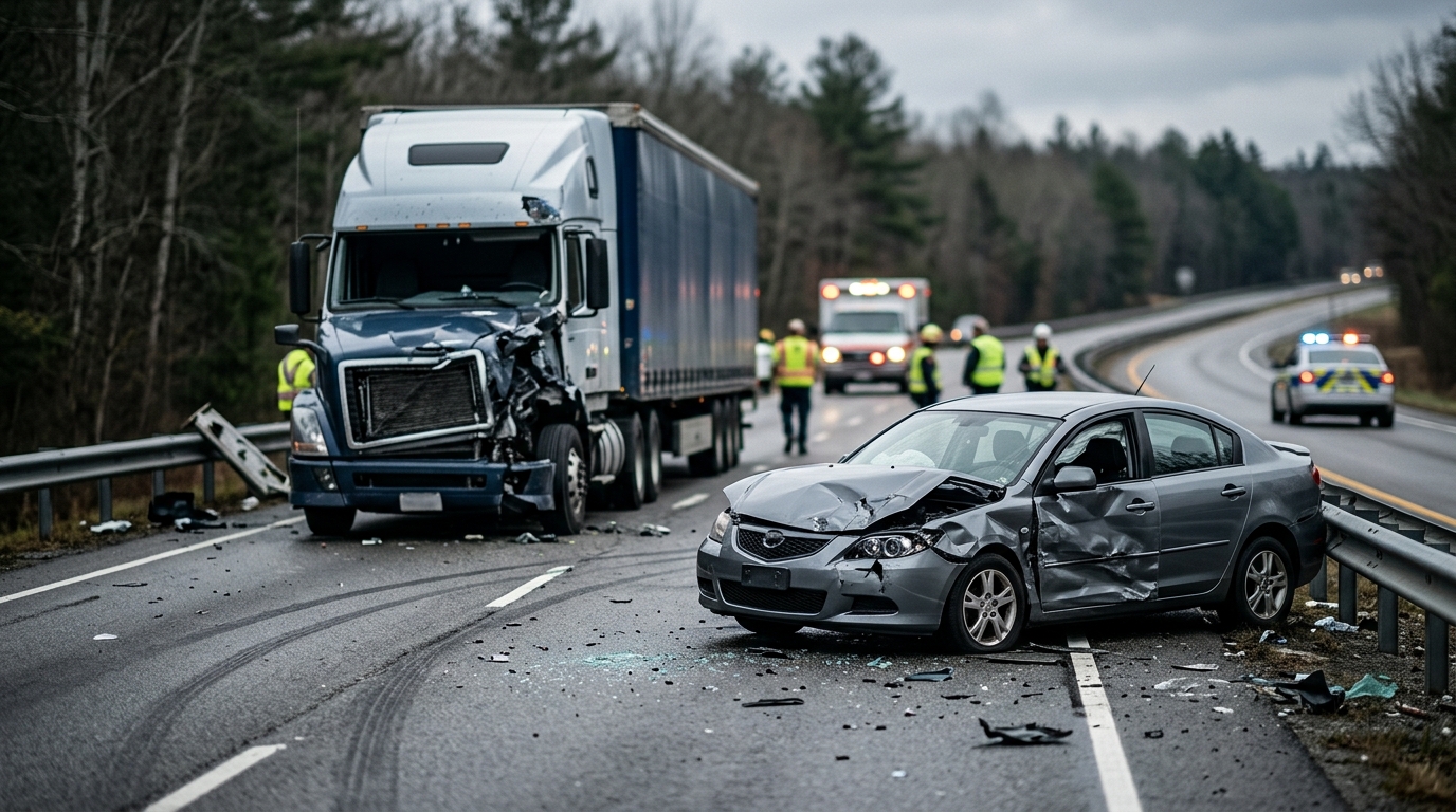 Damaged semi truck and passenger vehicle after a serious highway collision.