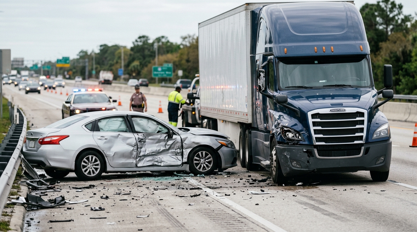 Damaged semi truck and passenger vehicle after a serious highway collision.