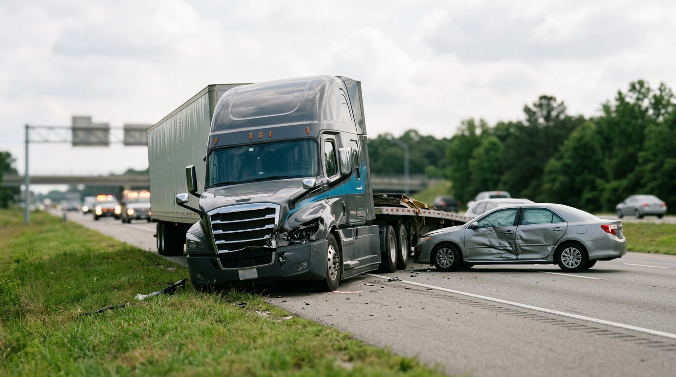 Damaged semi truck and passenger vehicle after a serious highway collision.