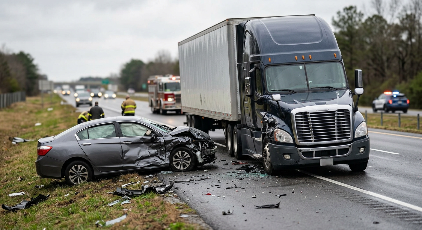 Damaged semi truck and passenger vehicle after a serious highway collision.