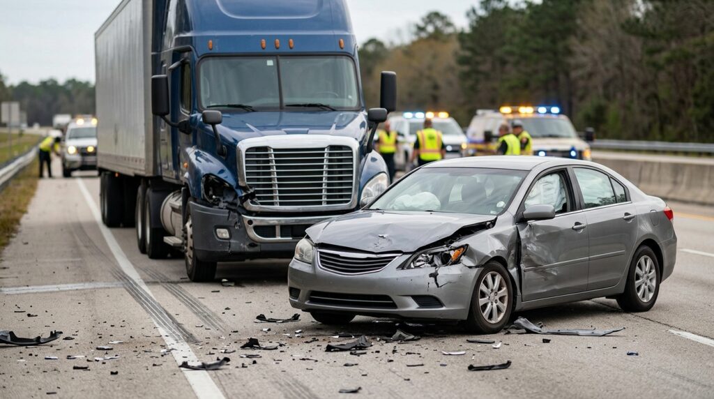 Damaged semi truck and passenger vehicle after a serious highway collision.