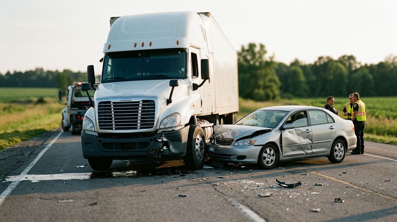 Damaged semi truck and passenger vehicle after a serious highway collision.