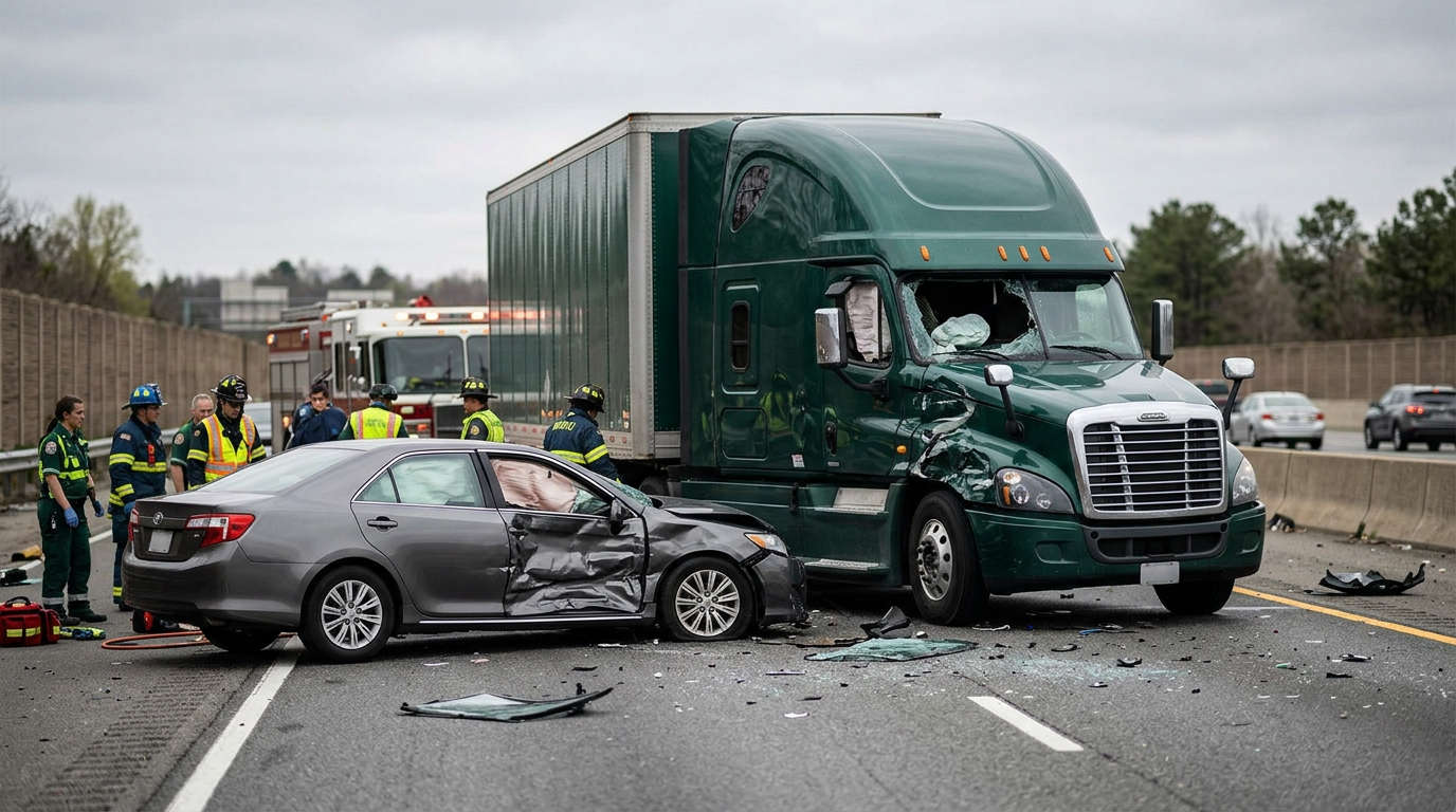 Damaged semi truck and passenger vehicle after a serious highway collision.