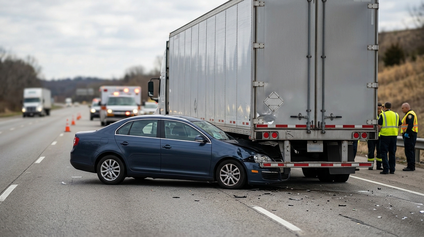 Damaged semi truck and passenger vehicle after a serious highway collision.