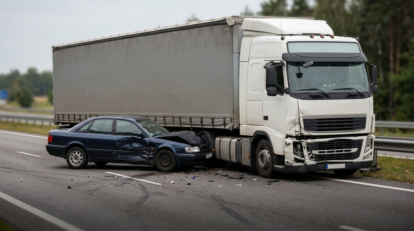Damaged semi truck and passenger vehicle after a serious highway collision.
