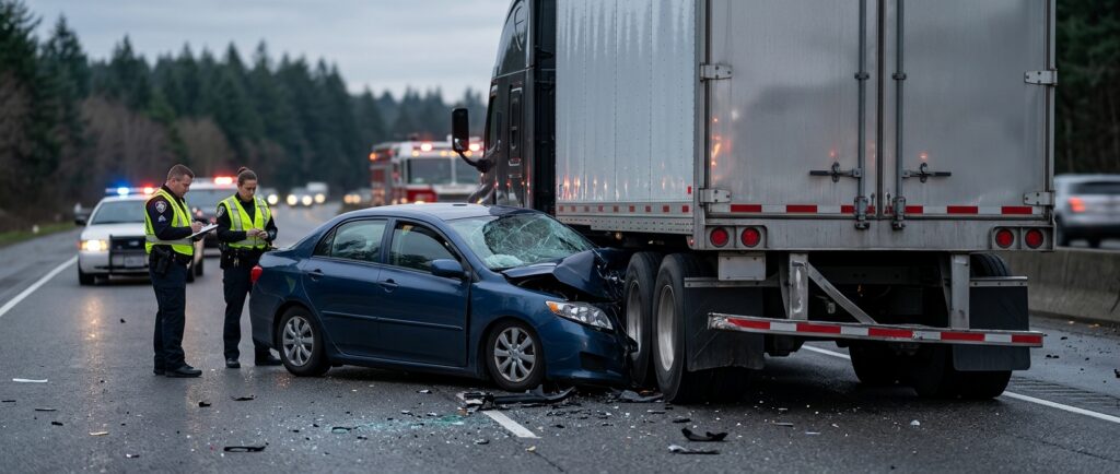 Damaged semi truck and passenger vehicle after a serious underride crash on the road.