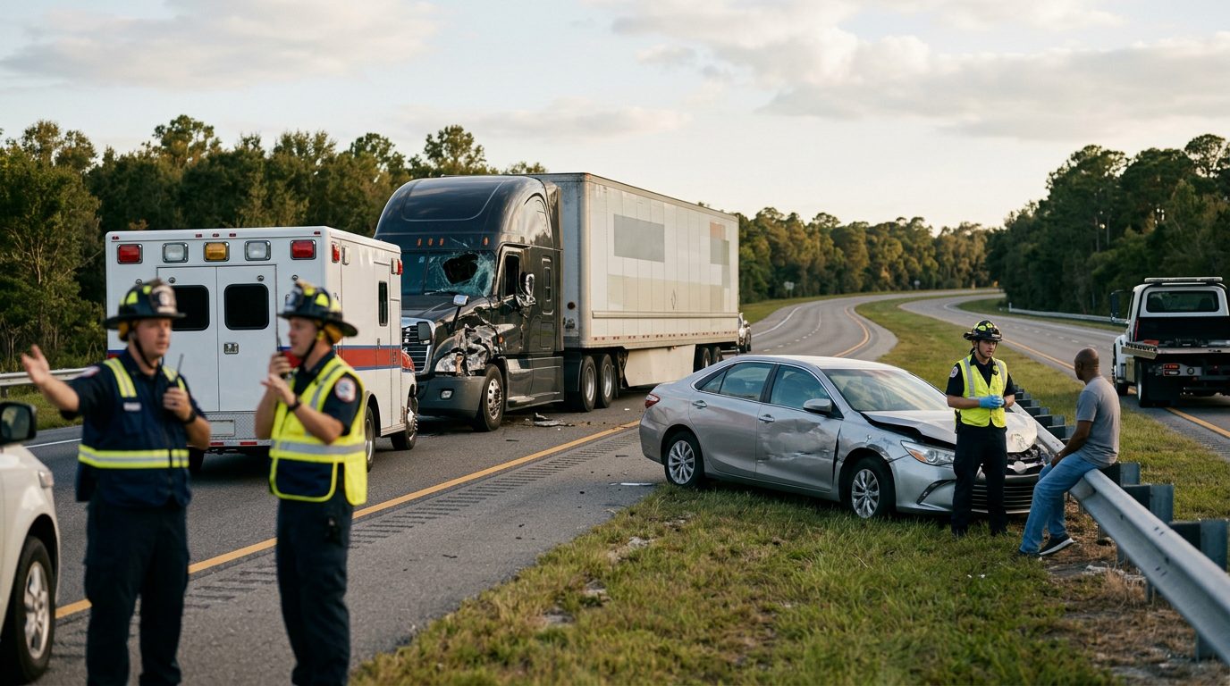 Damaged semi truck and passenger vehicle after collision on roadway.
