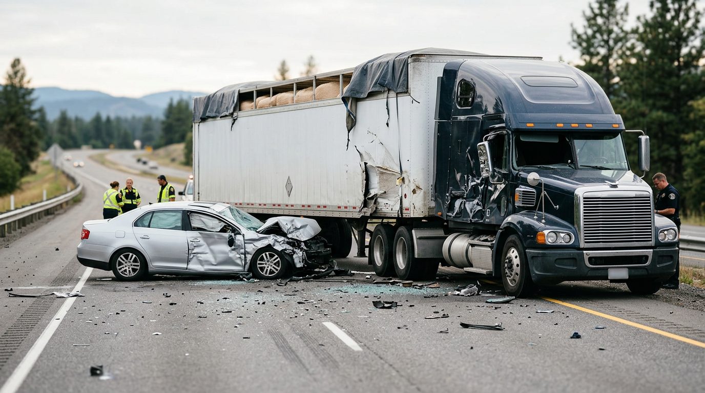 Damaged semi truck and passenger vehicle after collision on roadway.