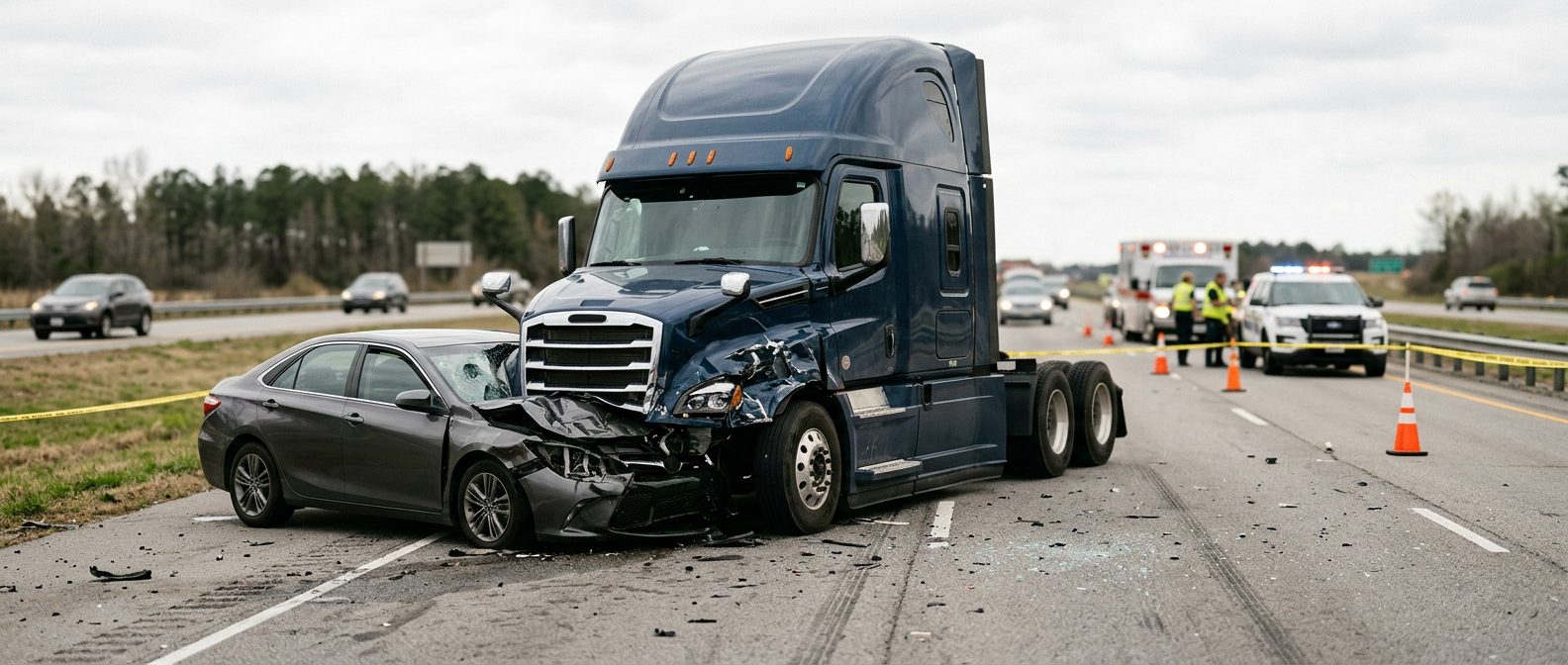 Damaged semi truck and passenger vehicle after collision on roadway.