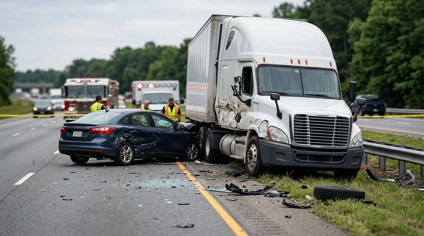 Damaged semi truck and passenger vehicle after collision on road.