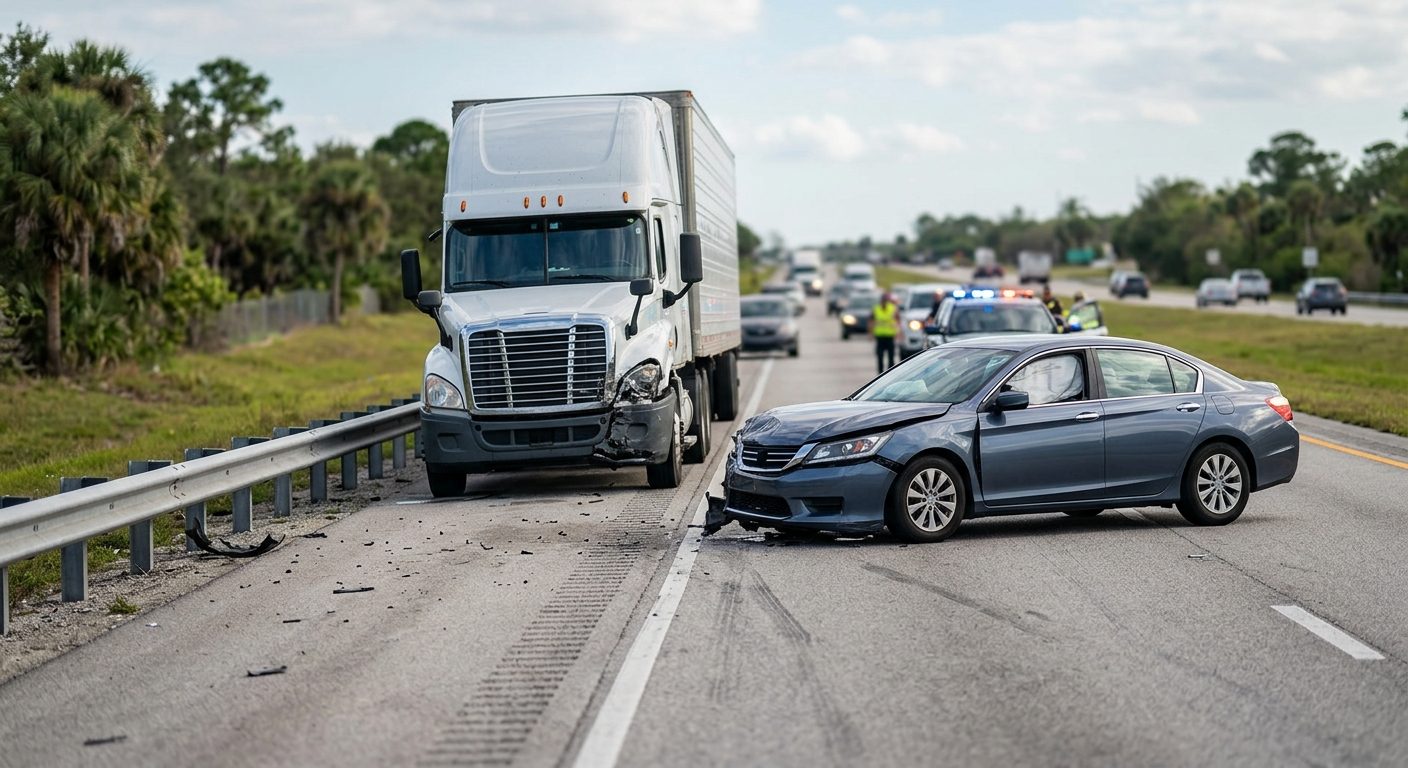 Damaged semi truck and passenger vehicle after collision on roadway.