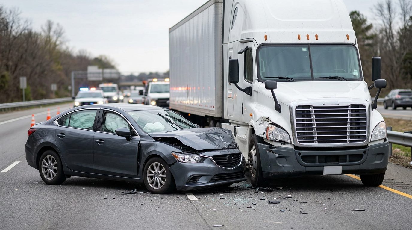 Damaged semi truck and passenger vehicle after collision on road.