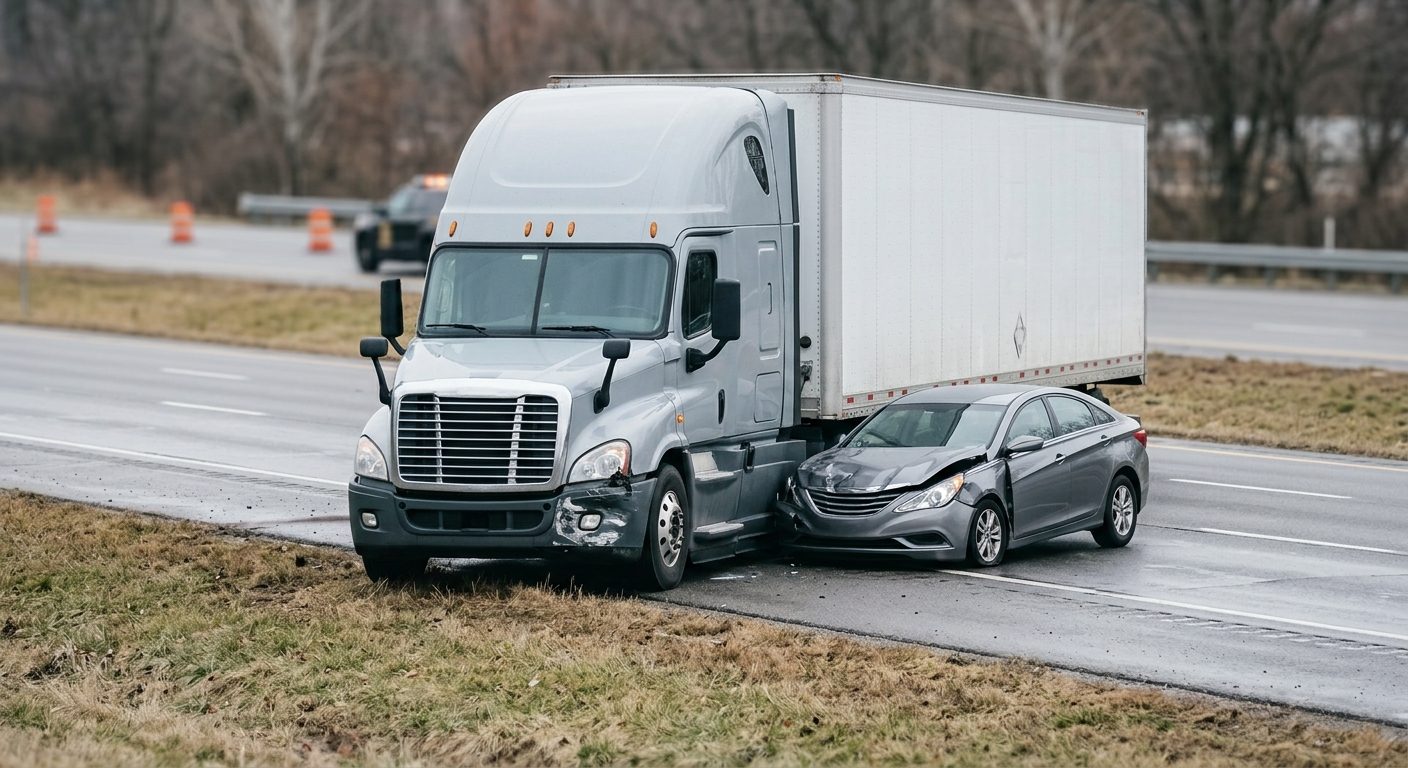 Damaged semi truck and passenger vehicle after collision on roadway.