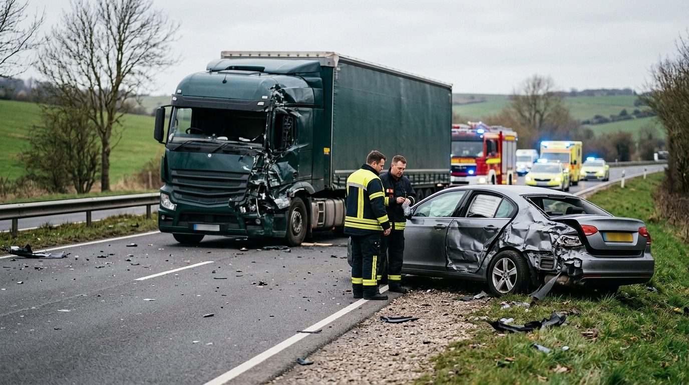 Damaged semi truck and passenger vehicle after collision on roadway.