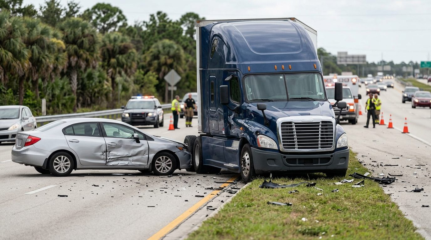 Damaged semi truck and passenger vehicle after collision on Florida highway.