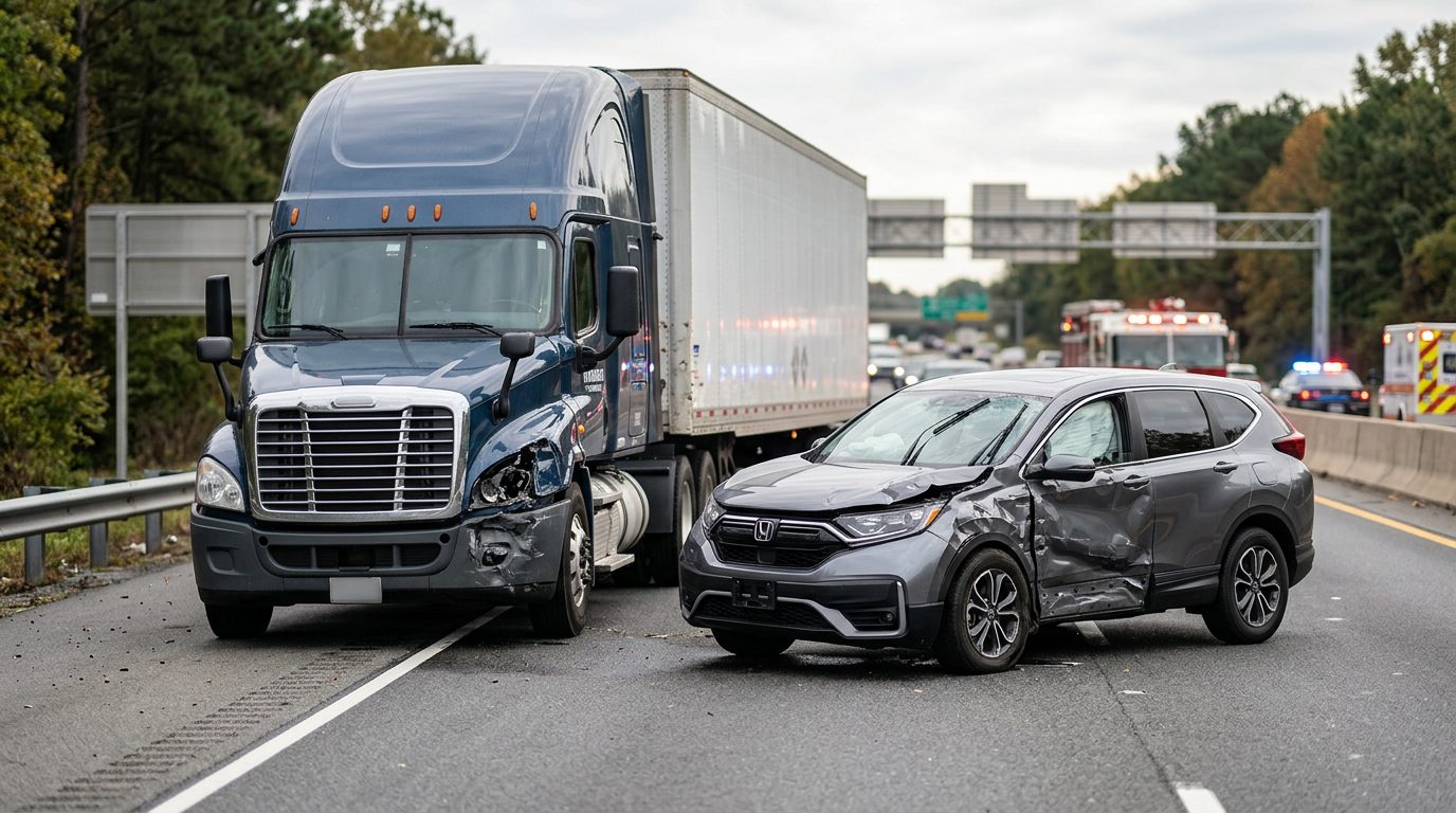 Damaged semi truck and passenger vehicle after collision on roadway.