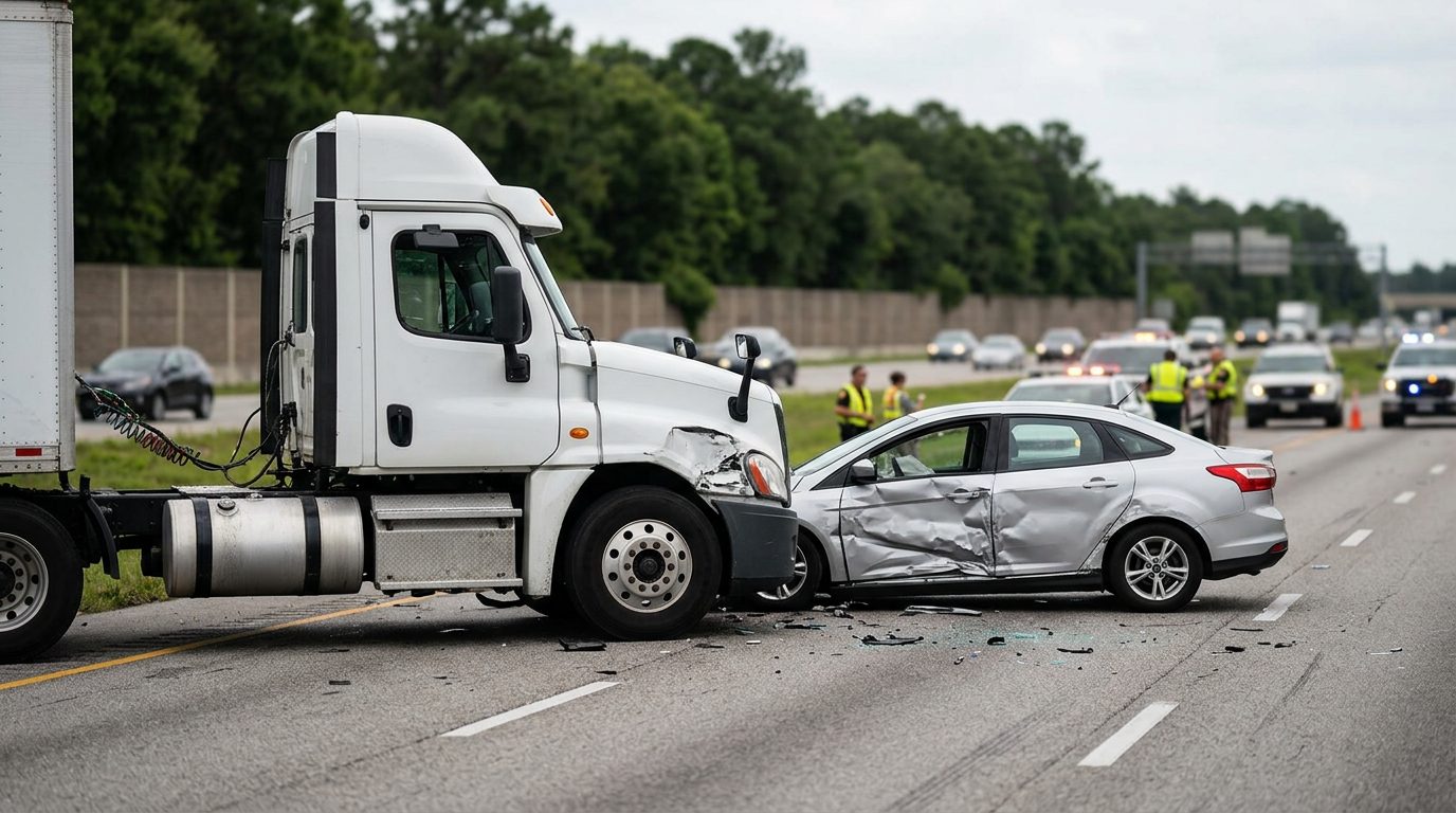 Damaged semi truck and passenger vehicle after collision on roadway.