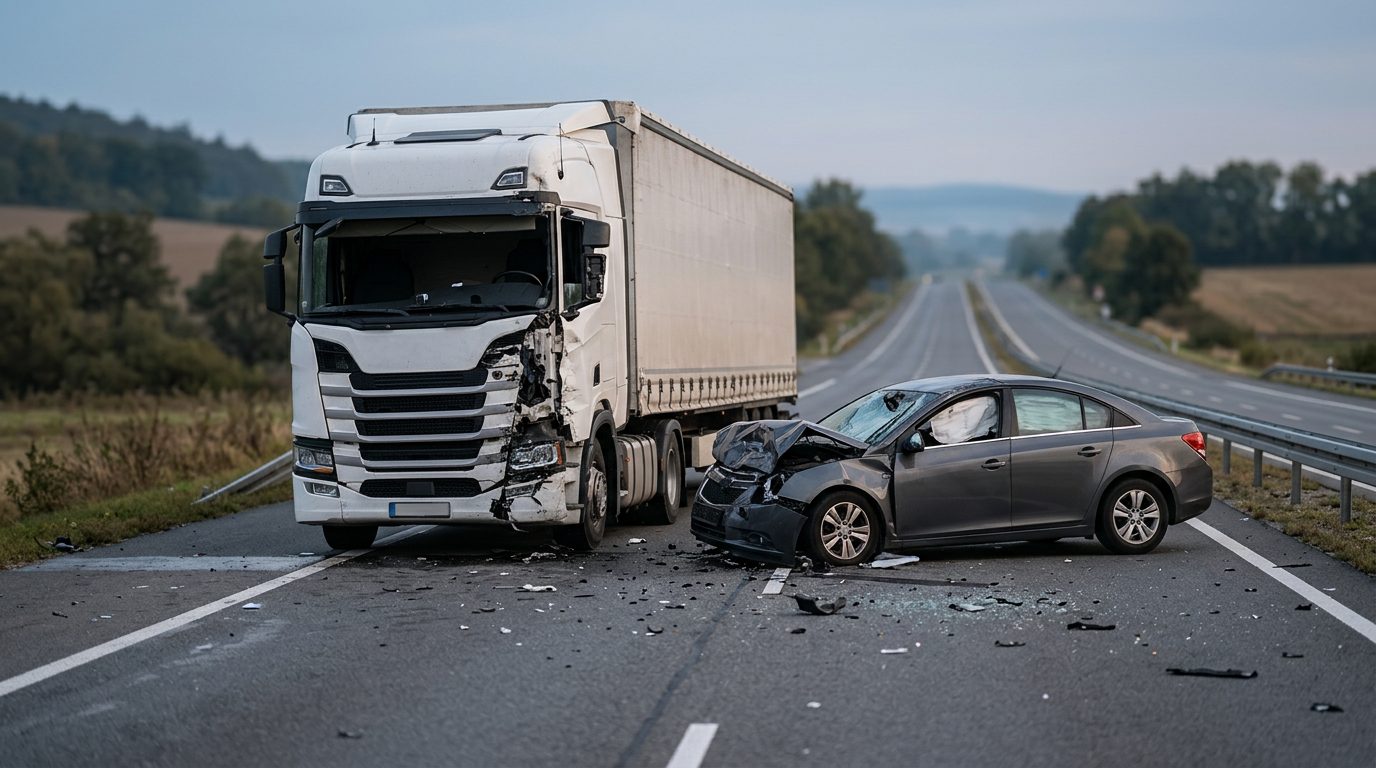 Damaged semi truck and passenger vehicle after collision on roadway.
