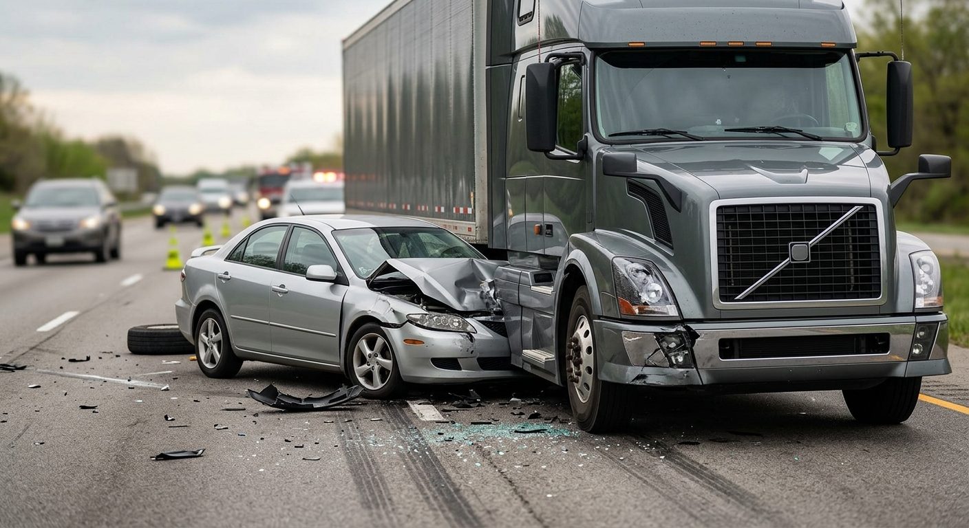 Damaged semi truck and passenger vehicle after collision.