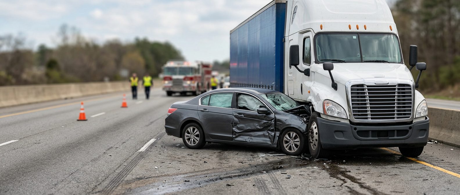 Damaged semi truck and passenger vehicle after collision.