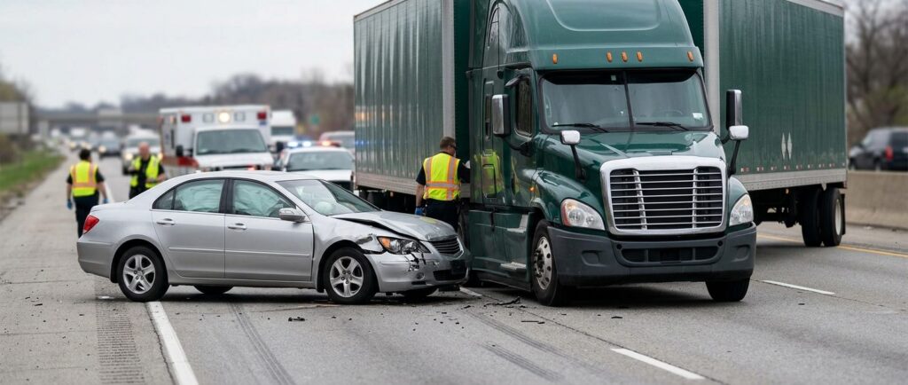 Damaged semi truck and passenger vehicle after collision.