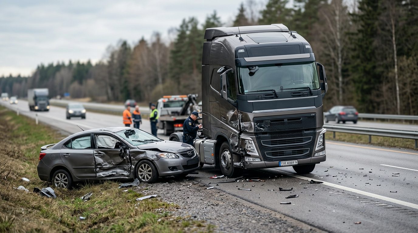 Damaged semi truck and passenger vehicle after collision.