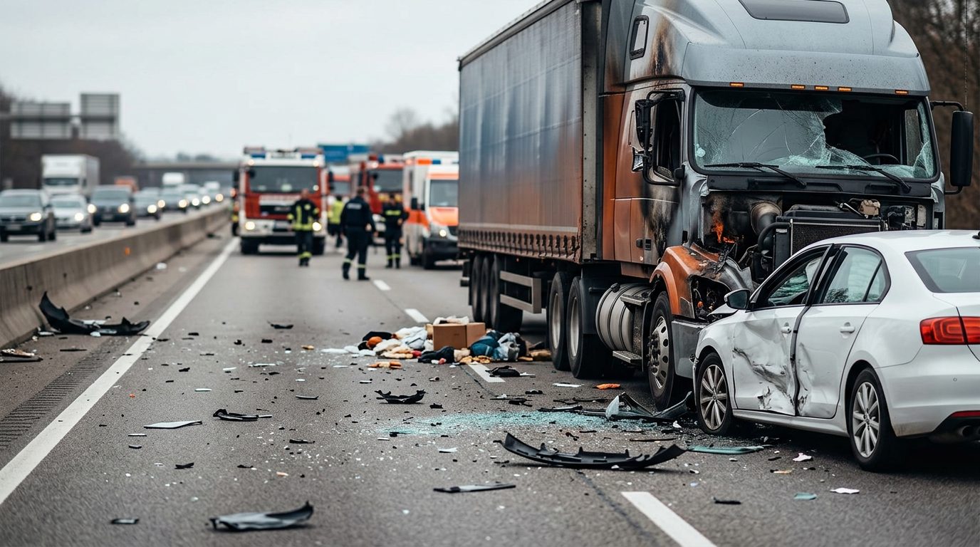 Damaged semi truck and passenger vehicle at accident scene after collision.