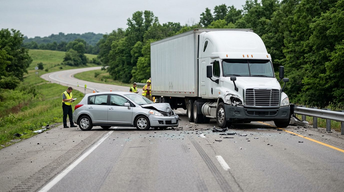 Damaged semi truck and passenger vehicle at accident scene.