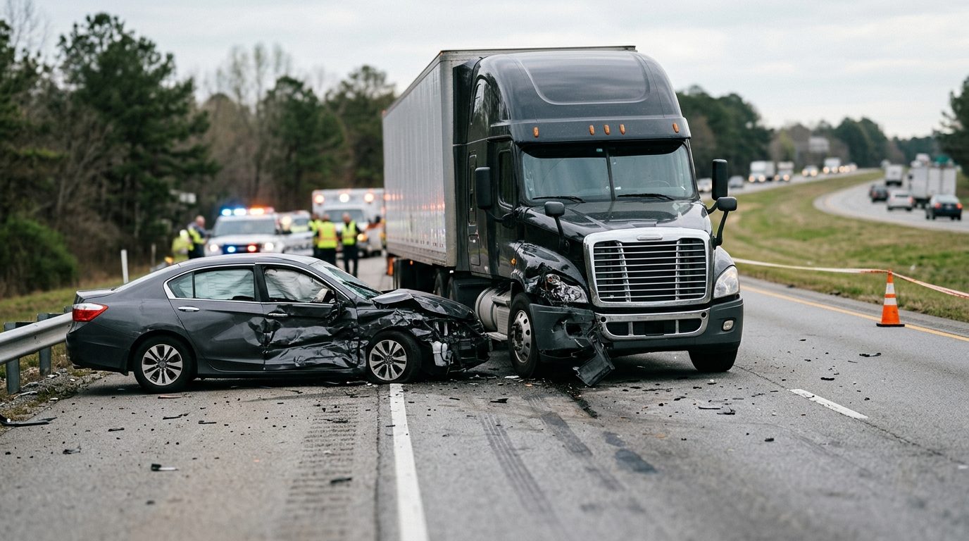 Damaged semi truck and passenger vehicle at accident scene.