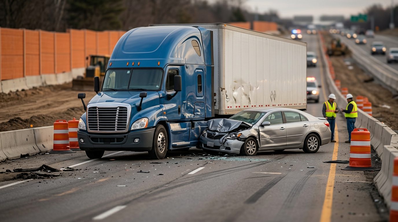 Damaged semi truck and passenger vehicle at construction site after collision.