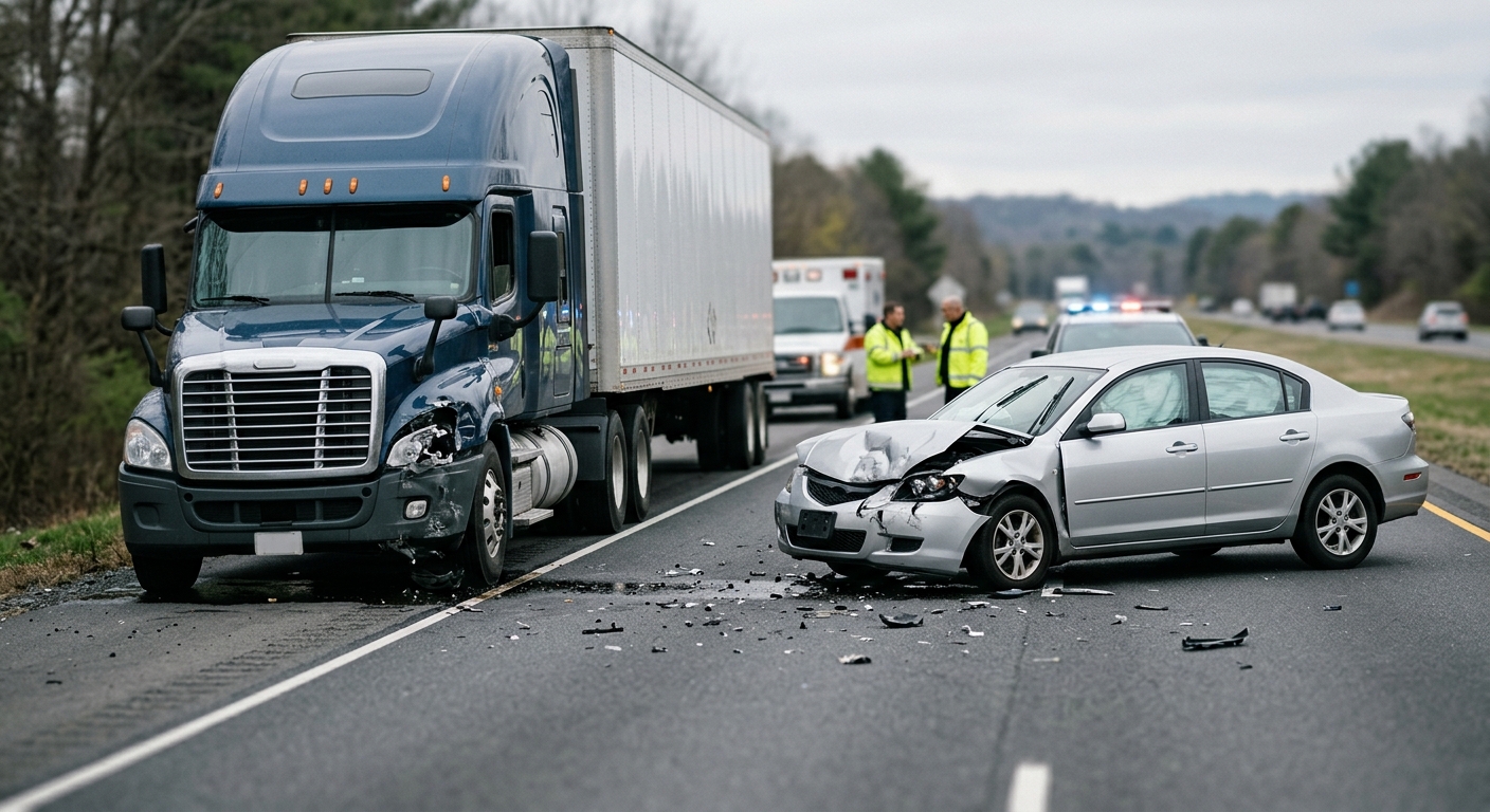 Damaged semi truck and passenger vehicle at the scene of a serious truck accident.